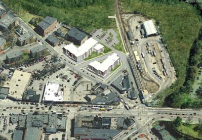 Mattapan Sq. proposal: A view from above shows where the Nuestra-POAH proposal would position two new residential buildings next to Mattapan Sq. station. 